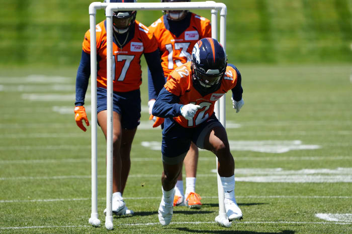 Denver Bronco wide receiver Montrell Washington (12) during mini camp drills at the UCHealth Training Center.