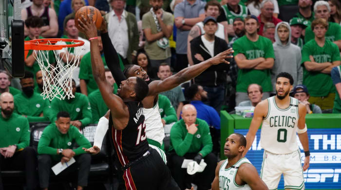 Pam Adebayo plays for the Heat in Game 3 against the Celtics.