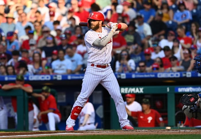 May 21, 2022;  Philadelphia, Pennsylvania, USA;  Philadelphia Phillies outfielder Bryce Harper (3) strikes against the Los Angeles Dodgers initially at Citizens Bank Park.  Mandatory Credit: Kyle Ross-USA TODAY Sports
