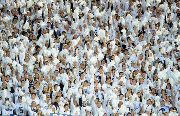 Oct 25, 2014;  University Park, PA, USA;  Penn State Nittany Lions fans wear white t-shirts for a white out during the game against the Ohio State Buckeyes at Beaver Stadium.  Mandatory Credit: Evan Habeeb-USA TODAY Sports