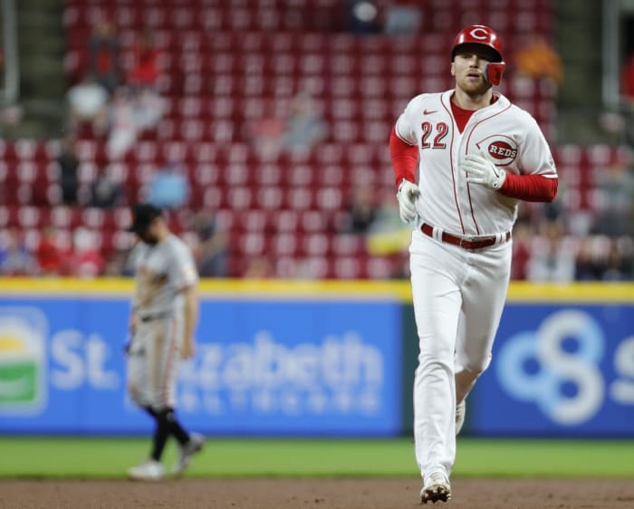 May 27, 2022;  Cincinnati, Ohio, USA;  Cincinnati Reds third baseman Brandon Drury, 22, rounds bases after hitting a solo home run against the San Francisco Giants in the fifth inning at Great American Ball Park.  Mandatory Credit: David Kohl-USA TODAY Sports
