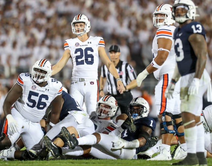 Sep 18, 2021;  University Park, Pennsylvania, USA;  Auburn Tigers kicker Anders Carlson (26) watches the ball after kicking a field goal during the fourth quarter against the Penn State Nittany Lions at Beaver Stadium.  Penn State defeated Auburn 28-20.  Mandatory Credit: Matthew OHaren-USA TODAY Sports