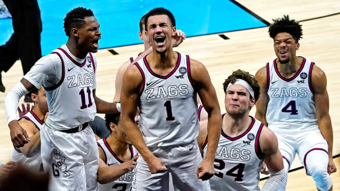 Gonzaga's Jalen Suggs reacts after his buzzer beater