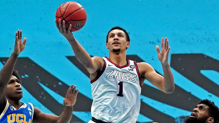 Gonzaga guard Jalen Suggs goes for a layup.
