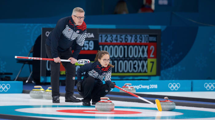 Gallant and Kim Eun-jung at Olympic practice • Anil Mungal-The Curling News