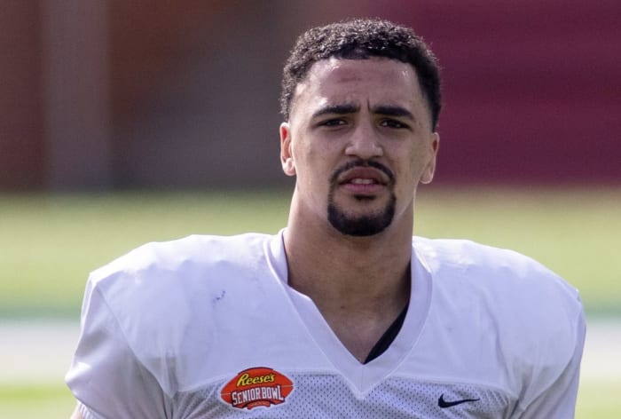 January 27, 2021; Northern Iowa defensive end Ellerson Smith (47) during national practice at Hancock Whitney Stadium in Mobile, Alabama.