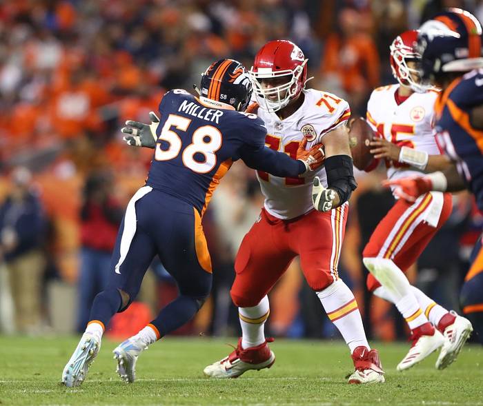 Oct 1, 2018; Denver, CO, USA; Kansas City Chiefs offensive tackle Mitchell Schwartz (71) against Denver Broncos linebacker Von Miller (58) at Broncos Stadium at Mile High.