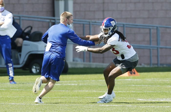 May 14, 2021;  East Rutherford, New Jersey, USA;  New York Giants cornerback Aaron Robinson, 33, trains during a rookie mini-camp at the Quest Diagnostics Training Center.