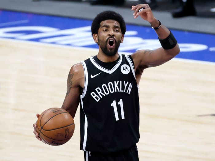 May 6, 2021; Dallas, Texas, USA; Brooklyn Nets guard Kyrie Irving (11) reacts during the third quarter against the Dallas Mavericks at American Airlines Center.