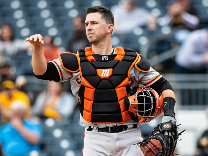 San Francisco Giants catcher Buster Posey (28) looks on during the game against the Pittsburgh Pirates at PNC Park.
