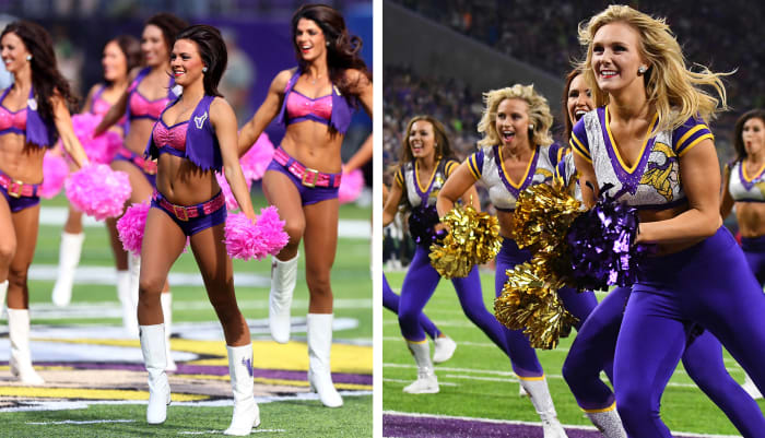 Minnesota Vikings cheerleaders performing in more revealing outfits in 2016, and in less revealing outfits in 2018