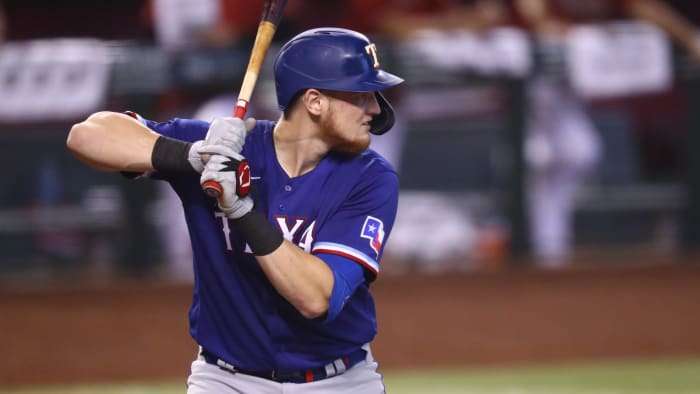 23 sep. 2020;  Phoenix, Arizona, VS;  Texas Rangers-catcher Sam Huff tegen de Arizona Diamondbacks bij Chase Field.