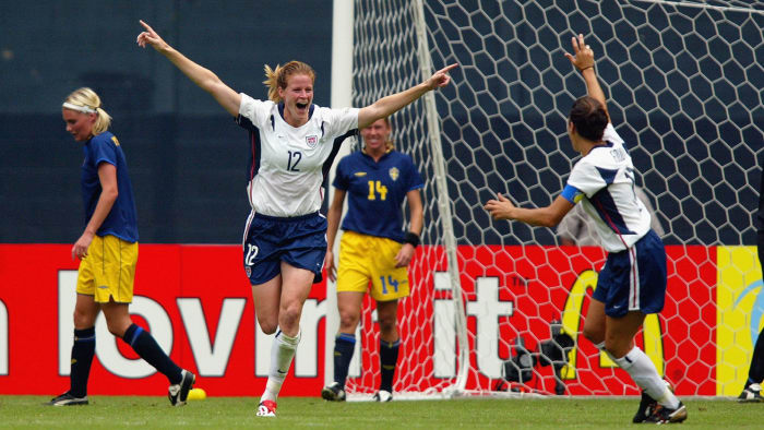 Cindy Parlow scores against Sweden at the 2003 Women's World Cup