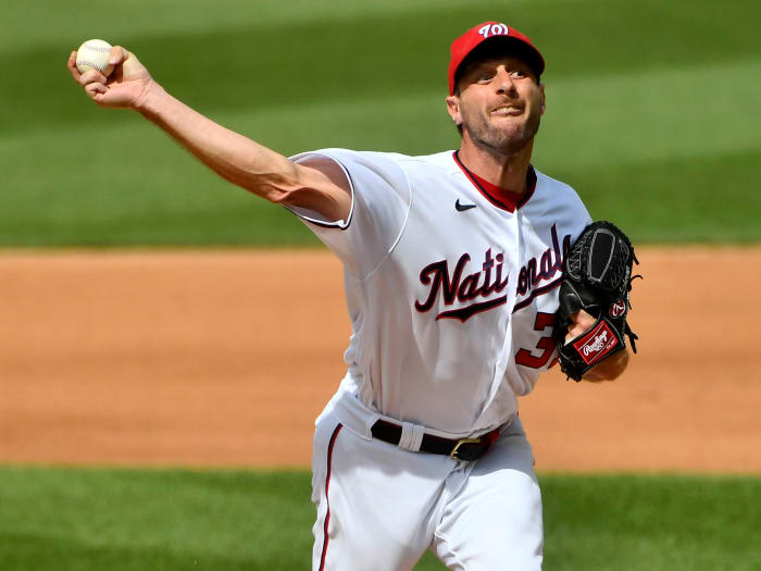 Jul 18, 2021; Washington, District of Columbia, USA; Washington Nationals starting pitcher Max Scherzer (31) throws a pitch against the San Diego Padres during the fourth inning at Nationals Park.