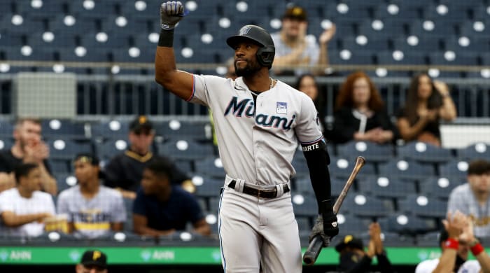 June 3, 2021;  Pittsburgh, Pennsylvania, United States;  Miami Marlins center fielder Starling Marte (6) recognizes the crowd before his first at-bat against the Pittsburgh Pirates during the first inning at PNC Park.