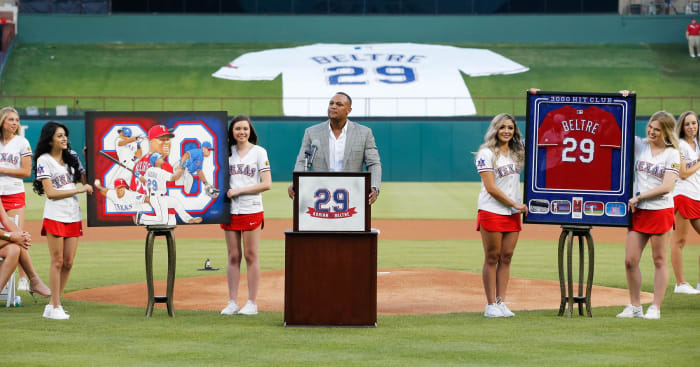 Jun 8, 2019; Arlington, TX, USA; Adrian Beltre address the crowd during a ceremony retiring his uniform number 29 prior to a game between the Texas Rangers and the Oakland Athletics at Globe Life Park in Arlington.