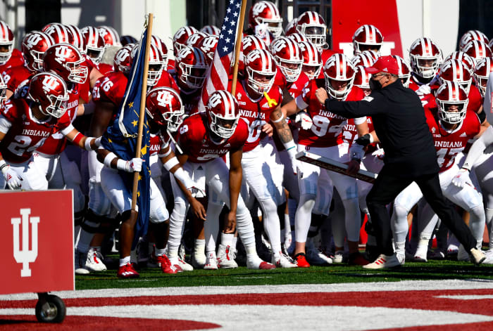 Indiana's Tom Allen leads his team onto the field