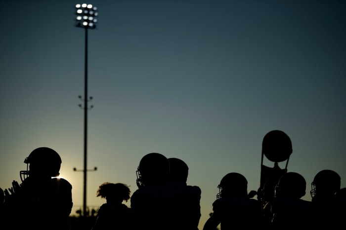 The sun sets over the Fulton touchline during a game between Austin-East and Fulton in Knoxville, Tennessee on Friday, August 20, 2021.  Kns Austin East Fulton Football