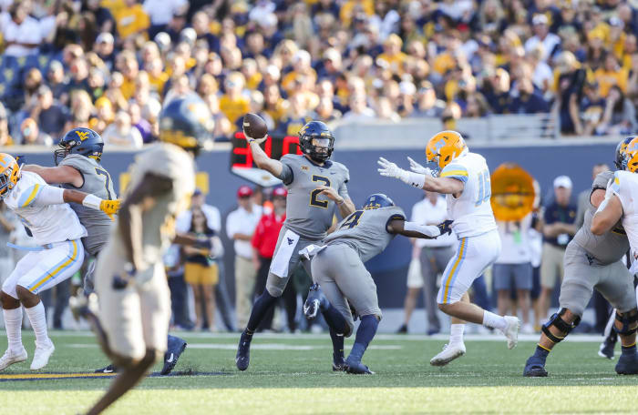 Sep 11, 2021; Morgantown, West Virginia, USA; West Virginia Mountaineers quarterback Jarret Doege (2) throws a pass during the first quarter against the Long Island Sharks at Mountaineer Field at Milan Puskar Stadium.
