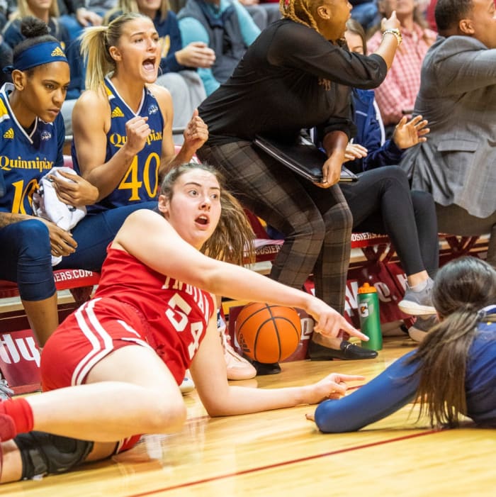 Indiana's Mackenzie Holmes (54) claims it is Indiana's ball during the Indiana vs. Quinnipiac basketball game at Simon Skjodt Assembly Hall on Sunday, November 20, 2022.