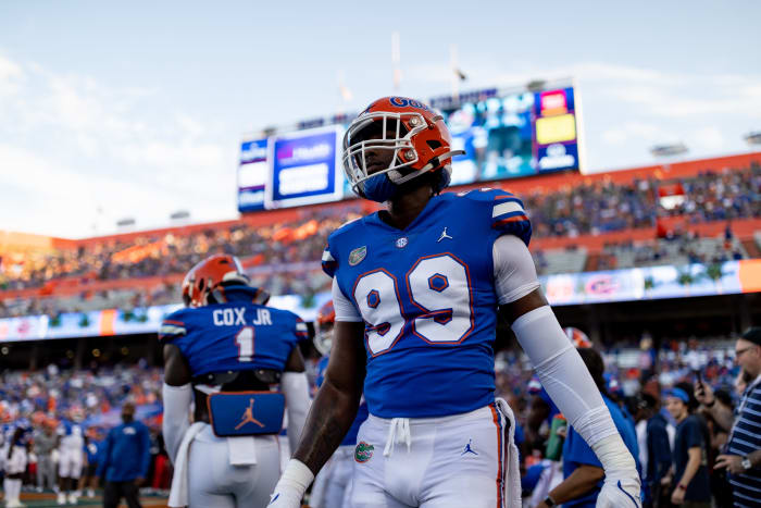 Florida Gators linebacker Lloyd Summerall III, 99, looks out before a game against the South Florida Bulls at Steve Spurr Field at Ben Hill Griffin Stadium in Gainesville, Florida, Saturday, Sept. 17, 2022. increase. [Matt Pendleton/Gainesville Sun] Ncaa Football Florida Gators vs South Florida Bulls
