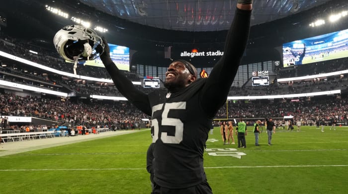 Raiders defender Chandler Jones celebrates a win over the Patriots
