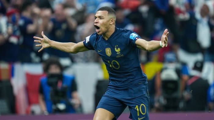 Kylian Mbappe celebrates his goal in the World Cup final