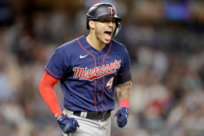 Former Twins shortstop Carlos Correa reacts after hitting a two-run home run against the Yankees during the eighth inning of a game Thursday, Sept.  8, 2022, in New York.