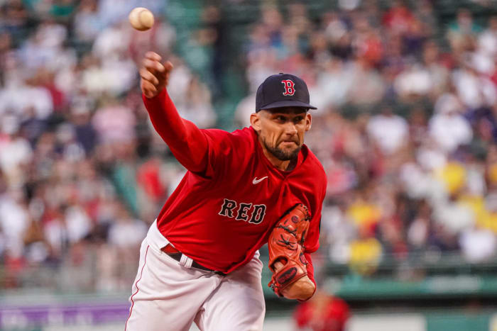 Red Sox starter Nathan Eovaldi throws a pitch during a game against the Yankees. (2022)