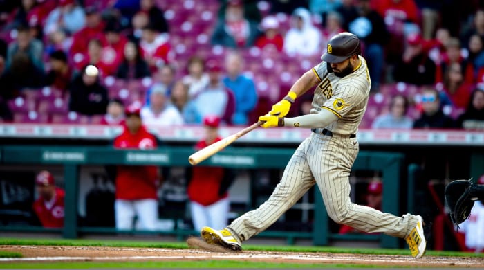 Padres first baseman Eric Hosmer hit a two-run homer in the fourth inning against the Reds at Great American Ball Park in Cincinnati on Tuesday, April 26, 2022.
