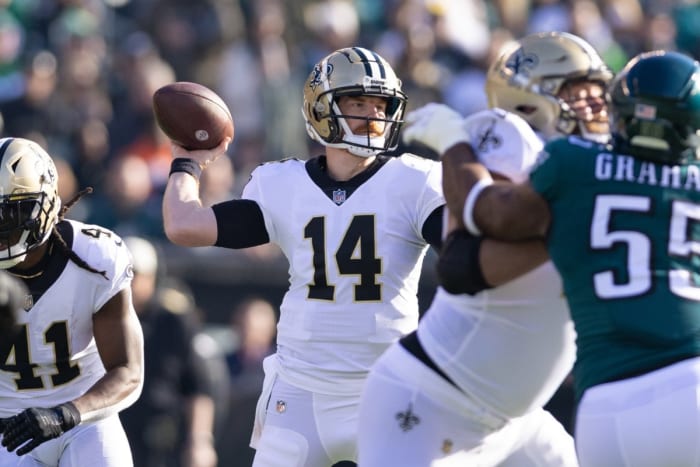New Orleans Saints quarterback Andy Dalton (14) passes the ball against the Philadelphia Eagles. Mandatory Credit: Bill Streicher-USA TODAY Sports