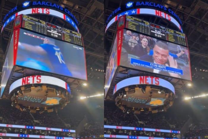 A photo of Kylian Mbappe captured on the big screen at the Barclays Center during the January 2023 NBA game between the Brooklyn Nets and the San Antonio Spurs