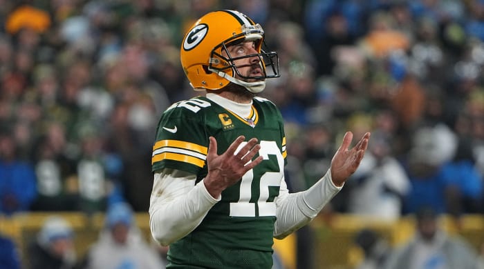 Aaron Rodgers reacts after an interception was nullified by a Lions penalty in Week 18.