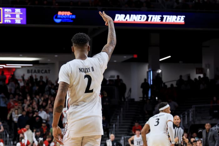 January 11, 2023;  Cincinnati, Ohio, USA;  Cincinnati Bearcats guard Landers Nolley II (2) reacts to making a three-point basket against the East Carolina Pirates in the second half at Fifth Third Arena.  Mandatory credit: Aaron Doster-USA TODAY Sports