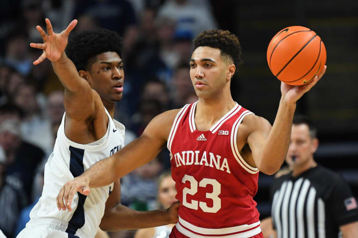 Indiana Hoosiers forward Trayce Jackson-Davis (23) passes the ball as Penn State Nittany Lions forward Kebba Njie (3) defends in the first half at the Bryce Jordan Center.