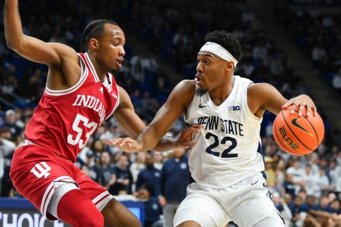 Penn State Nittany Lions guard Jalen Pickett (22) drives to the basket against Indiana Hoosiers guard Tamar Bates (53).
