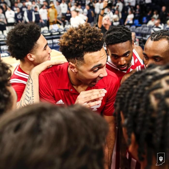 The Indiana Hoosiers huddle together before the game as they prepare for their game Wednesday at Penn State.