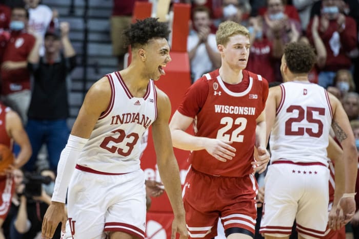 Indiana Hoosiers forward Trayce Jackson-Davis (23) reacts to a basket during the second half against the Wisconsin Badgers at Simon Skjodt Assembly Hall.