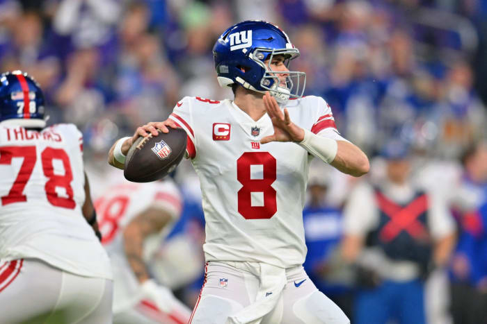 Giants quarterback Daniel Jones became the third quarterback in playoff history to throw for 300 passing yards and 75 rushing yards in a game.