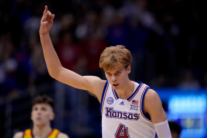Kansas guard Gradey Dick celebrates after scoring a three point shot in the second half of an NCAA college basketball game against Iowa State Saturday, January 14, 2023 in Lawrence, Kan.  Kansas won 62-60