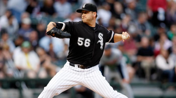 White Sox starting pitcher Mark Buehrle pitches during the second inning against the Cleveland Indians at US Cellular Field.  The White Sox won 10–6.