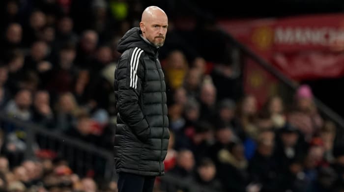 Manchester United manager Eric ten Hag looks on during a game.