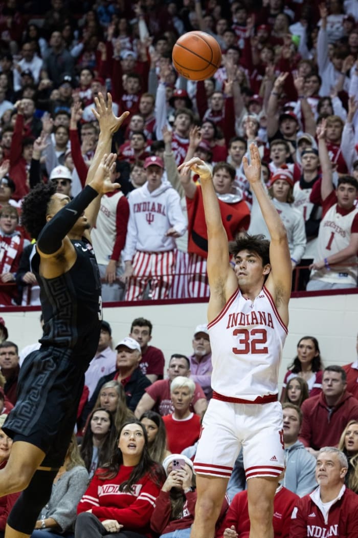 Trey Galloway (32) shoots the ball in the second half during Sunday's Indiana vs. Michigan State game in Bloomington.