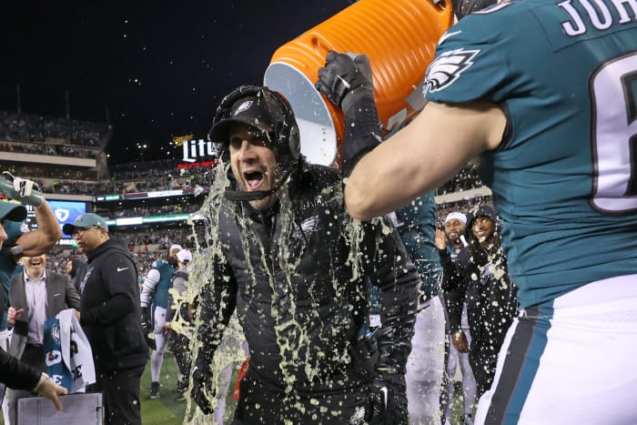 Eagles coach Nick Sirianni gets the Gatorade bath after his Eagles defeated the 49ers in the NFC championship.