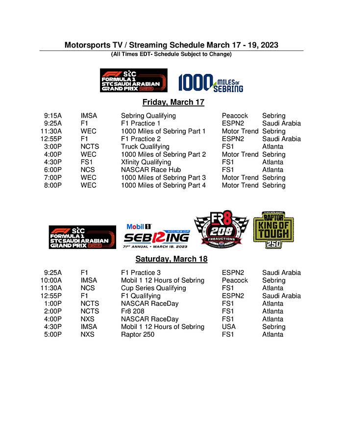 Here's your weekend racing schedule - Auto Racing Digest