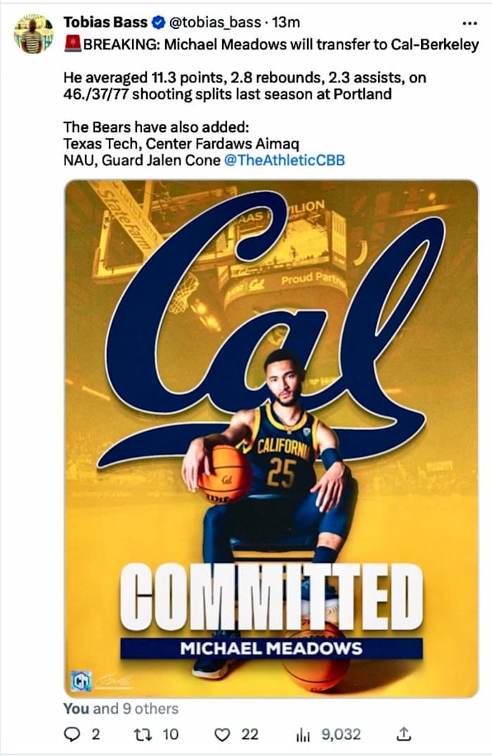 Cal Basketball Former Portland Guard Mike Meadows Set to Join Golden
