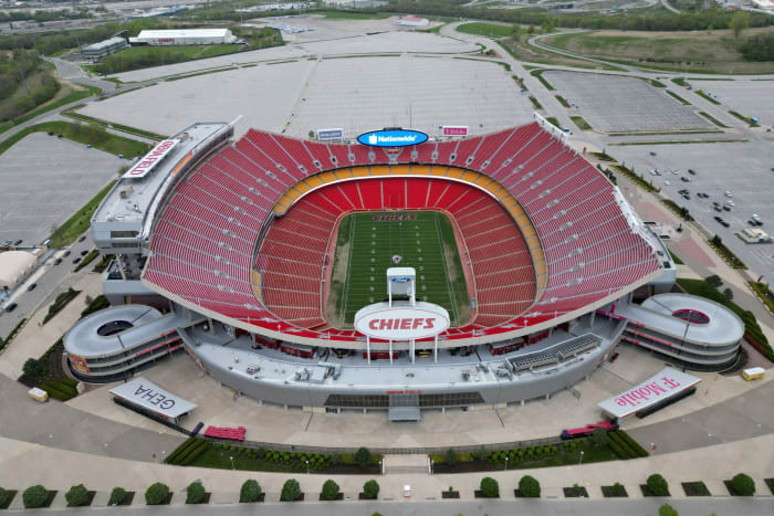 Apr 26, 2023; Kansas City, MO, USA; An aerial view of Arrowhead Stadium, the home of the Kansas City Chiefs. Mandatory Credit: Kirby Lee-USA TODAY Sports