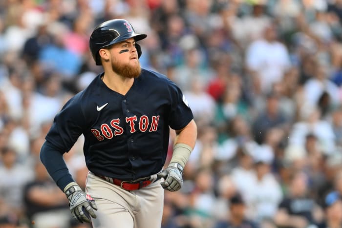 Boston Red Sox second baseman Christian Arroyo runs toward first base after hitting a two run RBI double against the Seattle Mariners during the fourth inning at T-Mobile Park. (2023)