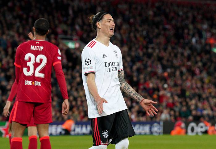 Darwin Nunez pictured in action for Benfica against Liverpool at Anfield in April 2022
