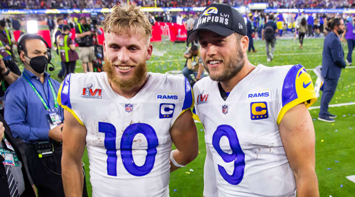 Cooper Kupp and Matthew Stafford get interviewed together after winning the Super Bowl.